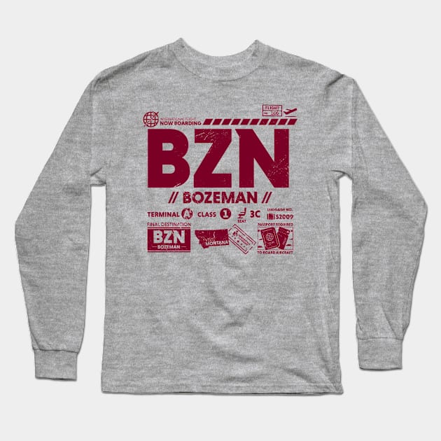 Vintage Bozeman BZN Airport Code Travel Day Retro Travel Tag Montana Long Sleeve T-Shirt by Now Boarding